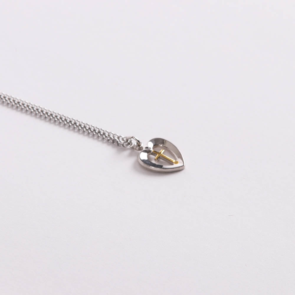 NECKLACE 2 TONE HEART/CROSS STERLING 18"