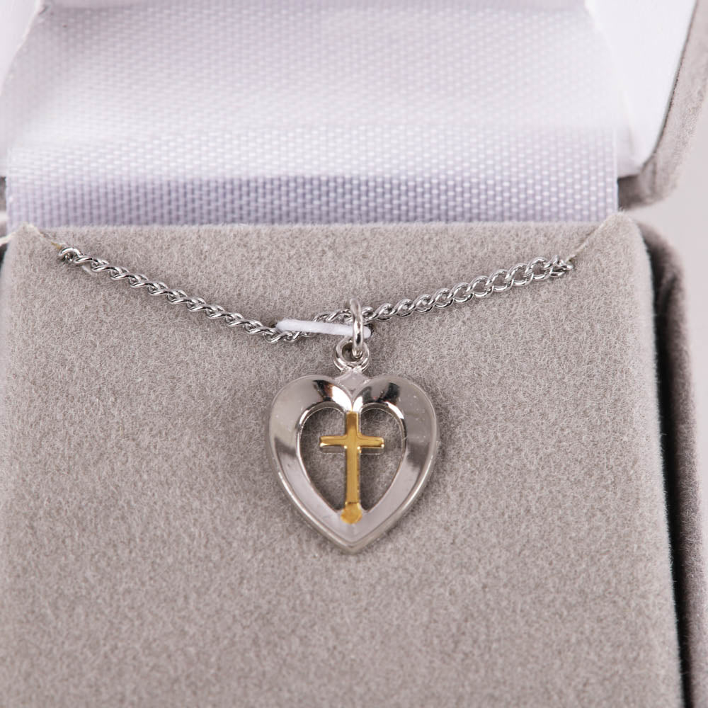 NECKLACE 2 TONE HEART/CROSS STERLING 18"