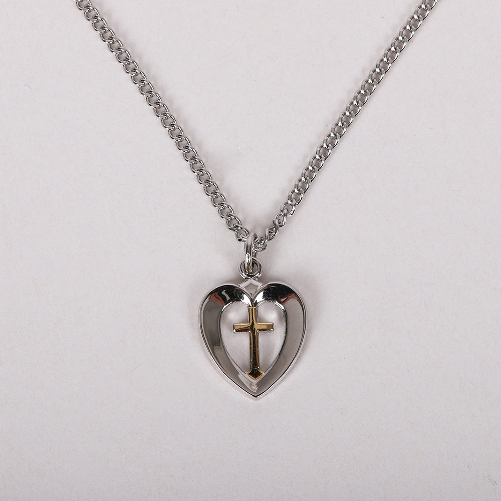 NECKLACE 2 TONE HEART/CROSS STERLING 18"