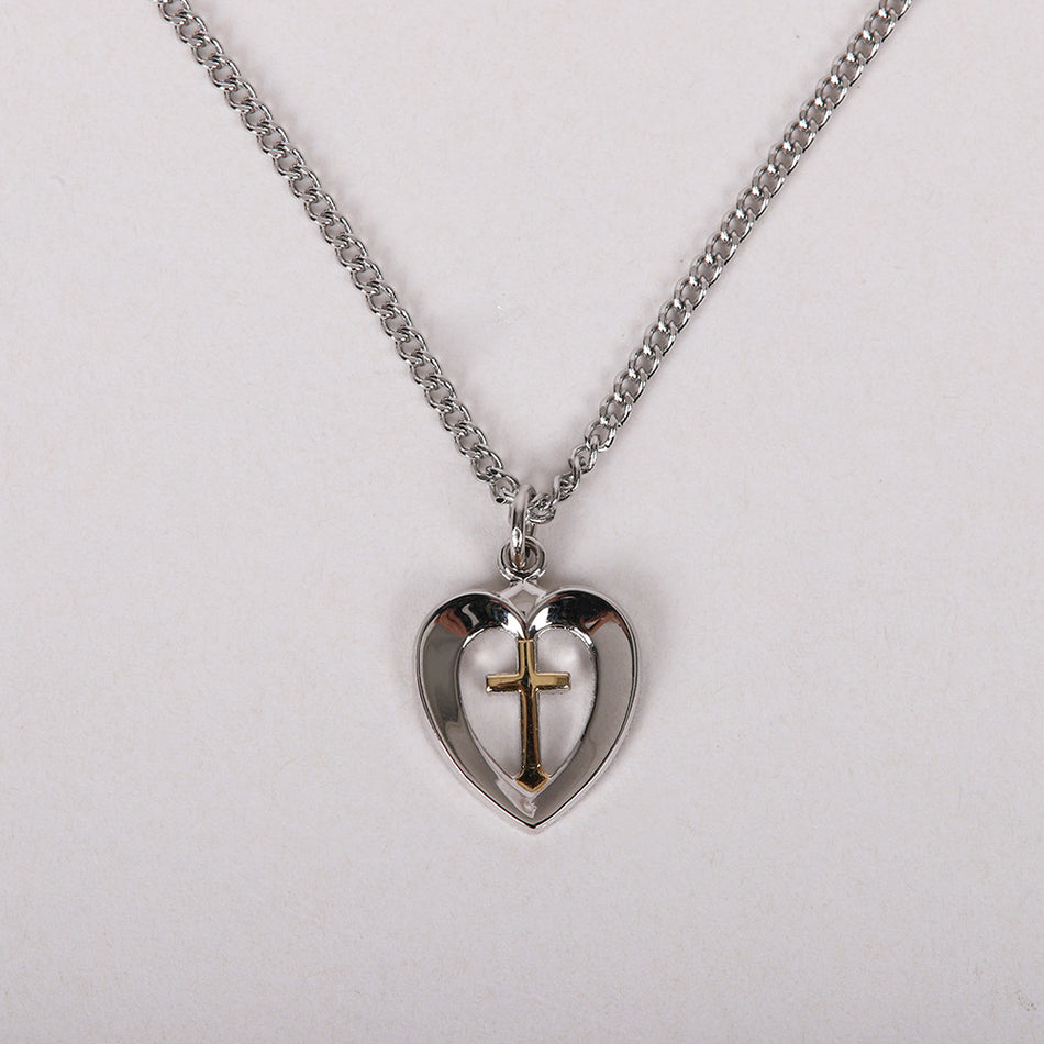 NECKLACE 2 TONE HEART/CROSS STERLING 18"