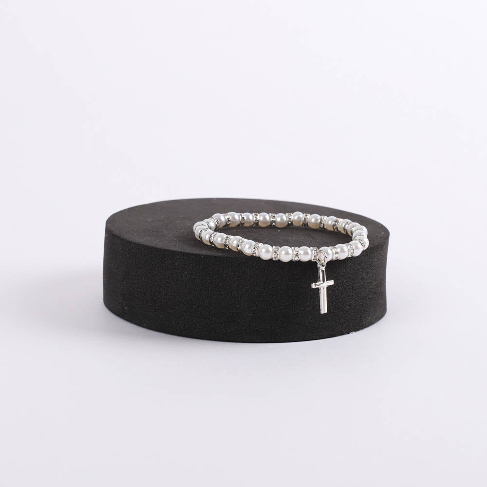 BRACELET BABY PEARL STRETCH CROSS STERLING 5"