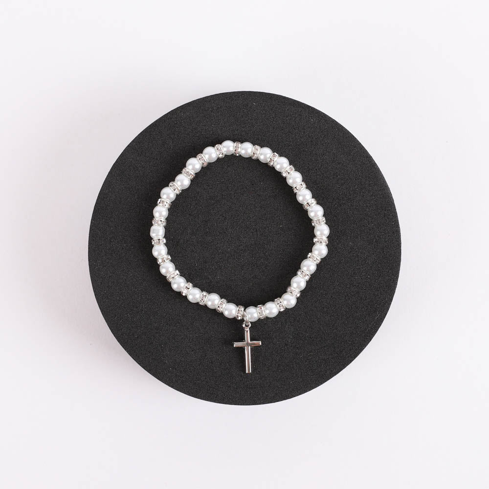 BRACELET BABY PEARL STRETCH CROSS STERLING 5"