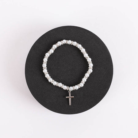 BRACELET BABY PEARL STRETCH CROSS STERLING 5"
