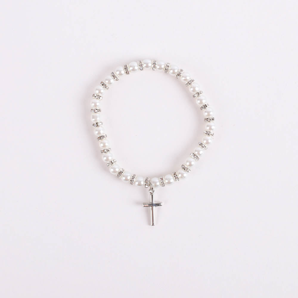 BRACELET BABY PEARL STRETCH CROSS STERLING 5"