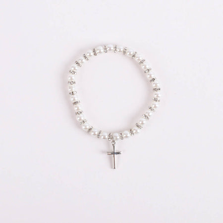 BRACELET BABY PEARL STRETCH CROSS STERLING 5"
