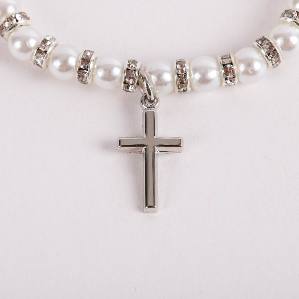 BRACELET BABY PEARL STRETCH CROSS STERLING 5"