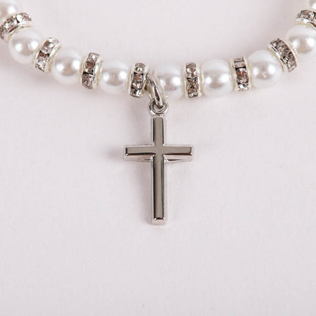 BRACELET BABY PEARL STRETCH CROSS STERLING 5"