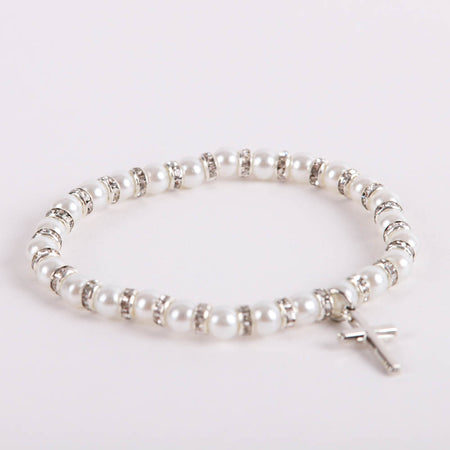 BRACELET BABY PEARL STRETCH CROSS STERLING 5"