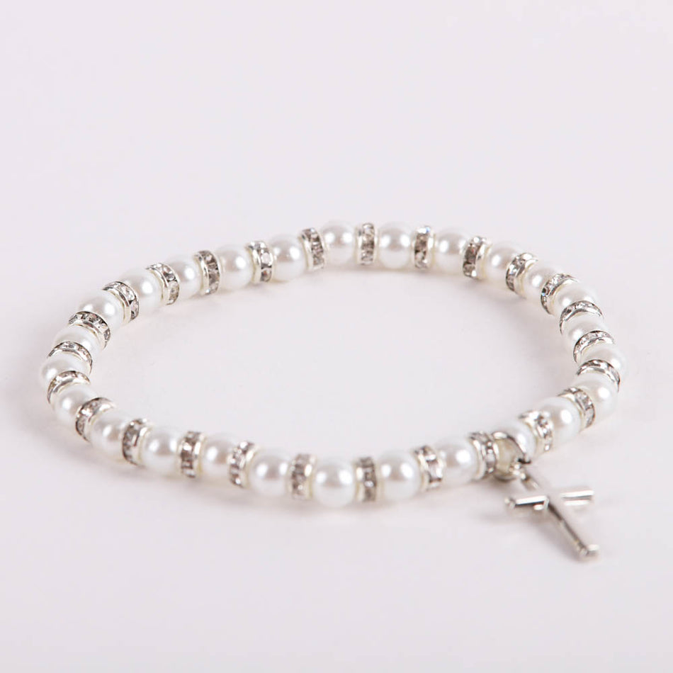 BRACELET BABY PEARL STRETCH CROSS STERLING 5"