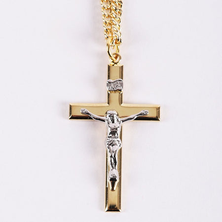 NECKLACE CRUCIFIX GOLD CROSS WITH INSCRIPTION WITH SILVER CHRIST 24"