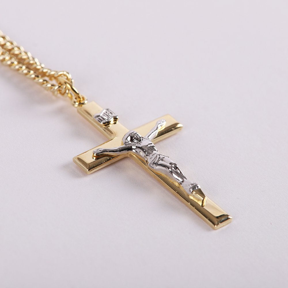 NECKLACE CRUCIFIX GOLD CROSS WITH INSCRIPTION WITH SILVER CHRIST 24"