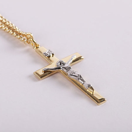 NECKLACE CRUCIFIX GOLD CROSS WITH INSCRIPTION WITH SILVER CHRIST 24"