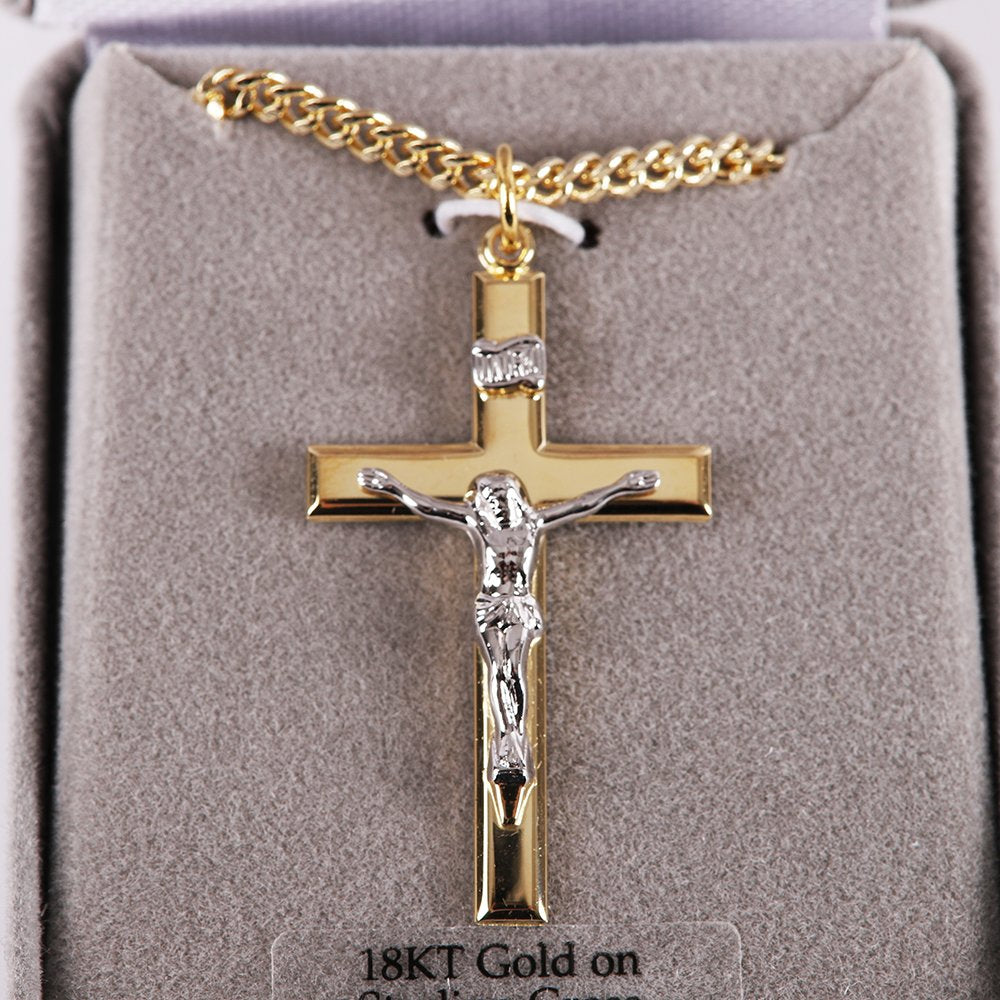 NECKLACE CRUCIFIX GOLD CROSS WITH INSCRIPTION WITH SILVER CHRIST 24"