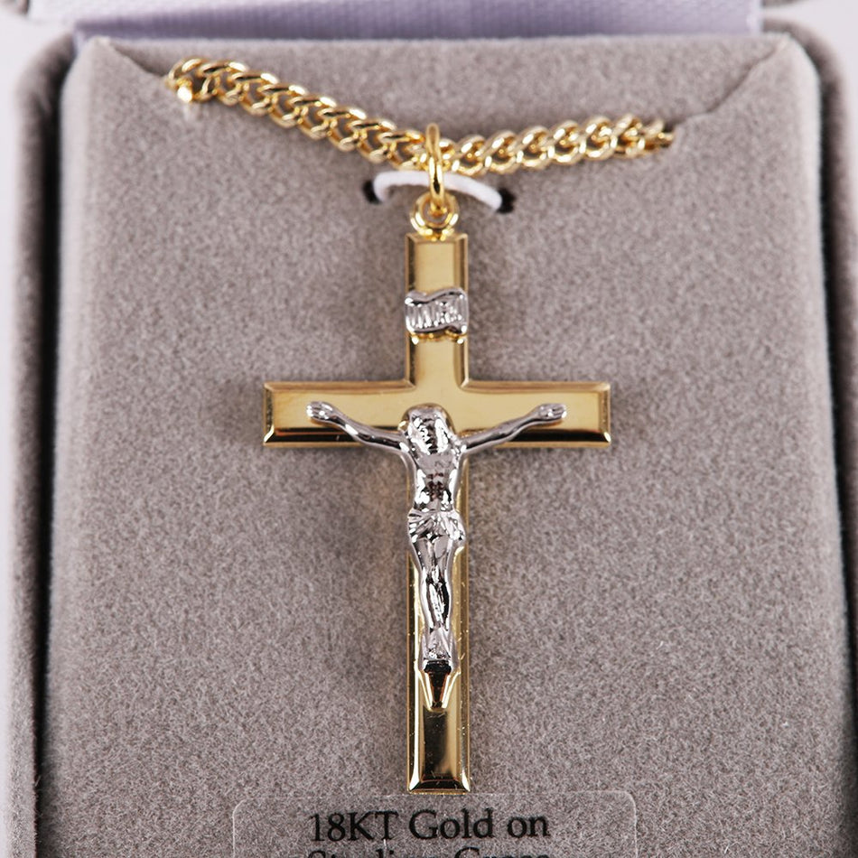 NECKLACE CRUCIFIX GOLD CROSS WITH INSCRIPTION WITH SILVER CHRIST 24"