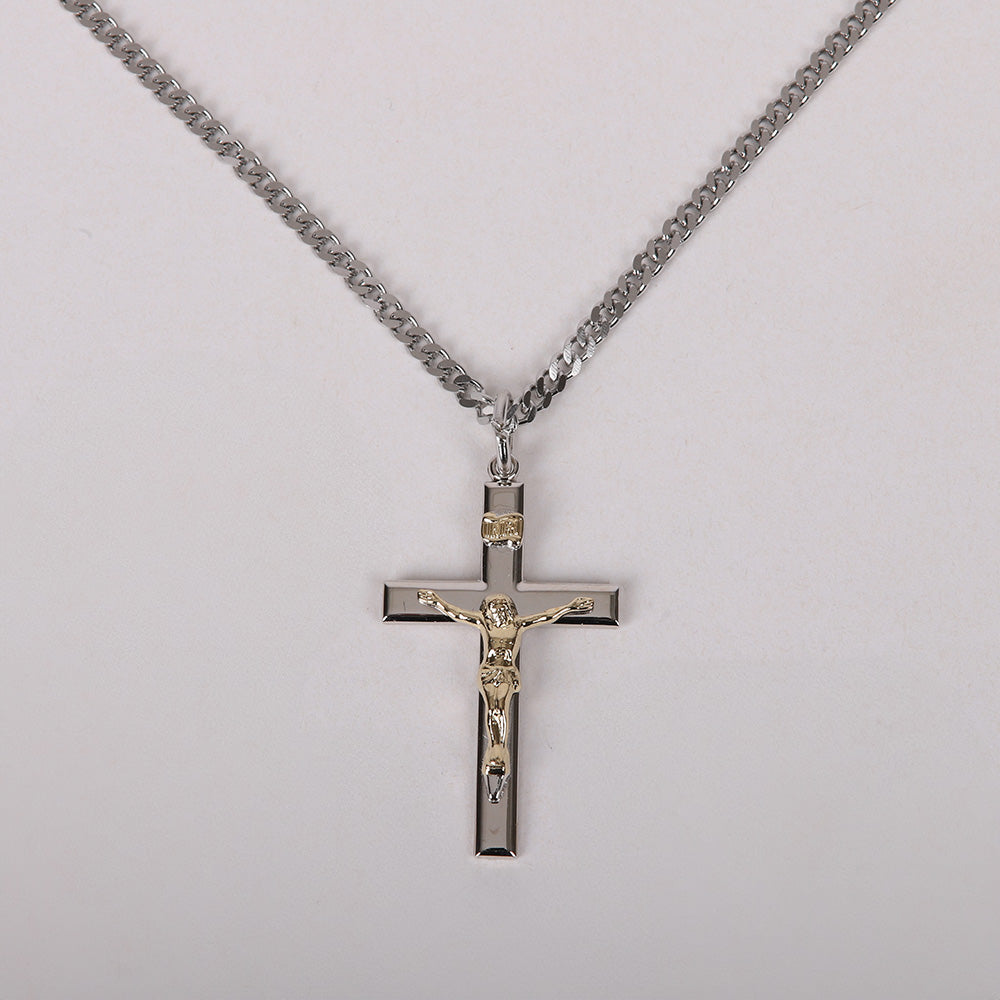 NECKLACE CRUCIFIX SILVER CROSS WITH INSCRIPTION WITH GOLD CHRIST 24"