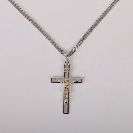 NECKLACE CRUCIFIX SILVER CROSS WITH INSCRIPTION WITH GOLD CHRIST 24"