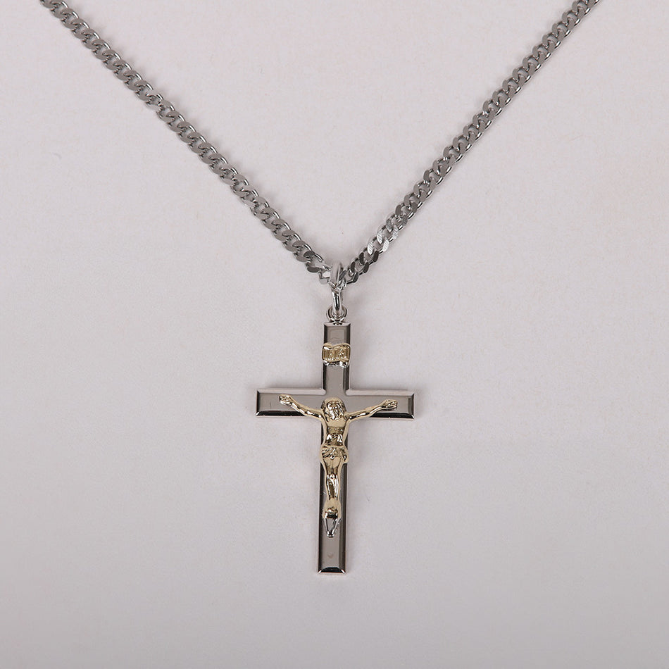 NECKLACE CRUCIFIX SILVER CROSS WITH INSCRIPTION WITH GOLD CHRIST 24"