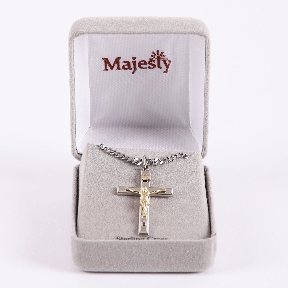 NECKLACE CRUCIFIX SILVER CROSS WITH INSCRIPTION WITH GOLD CHRIST 24"