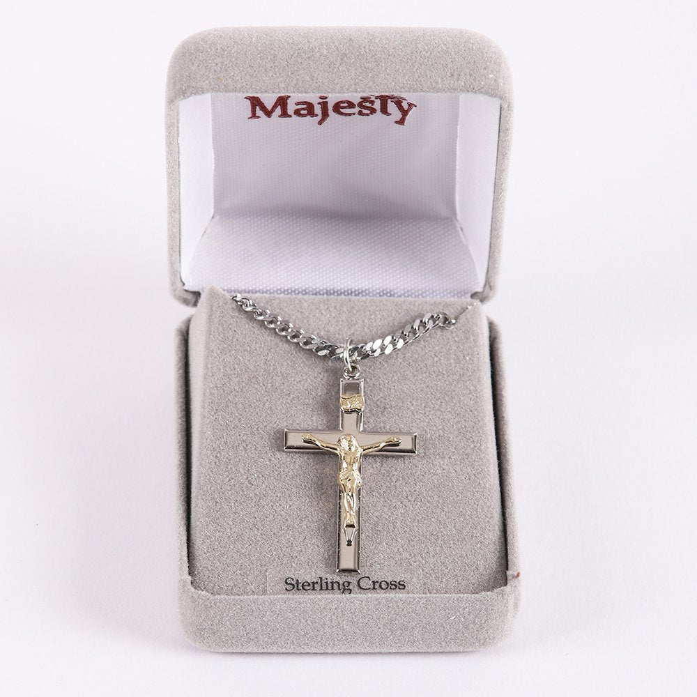 NECKLACE CRUCIFIX SILVER CROSS WITH INSCRIPTION WITH GOLD CHRIST 24"