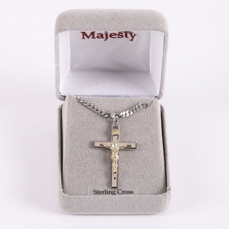 NECKLACE CRUCIFIX SILVER CROSS WITH INSCRIPTION WITH GOLD CHRIST 24"
