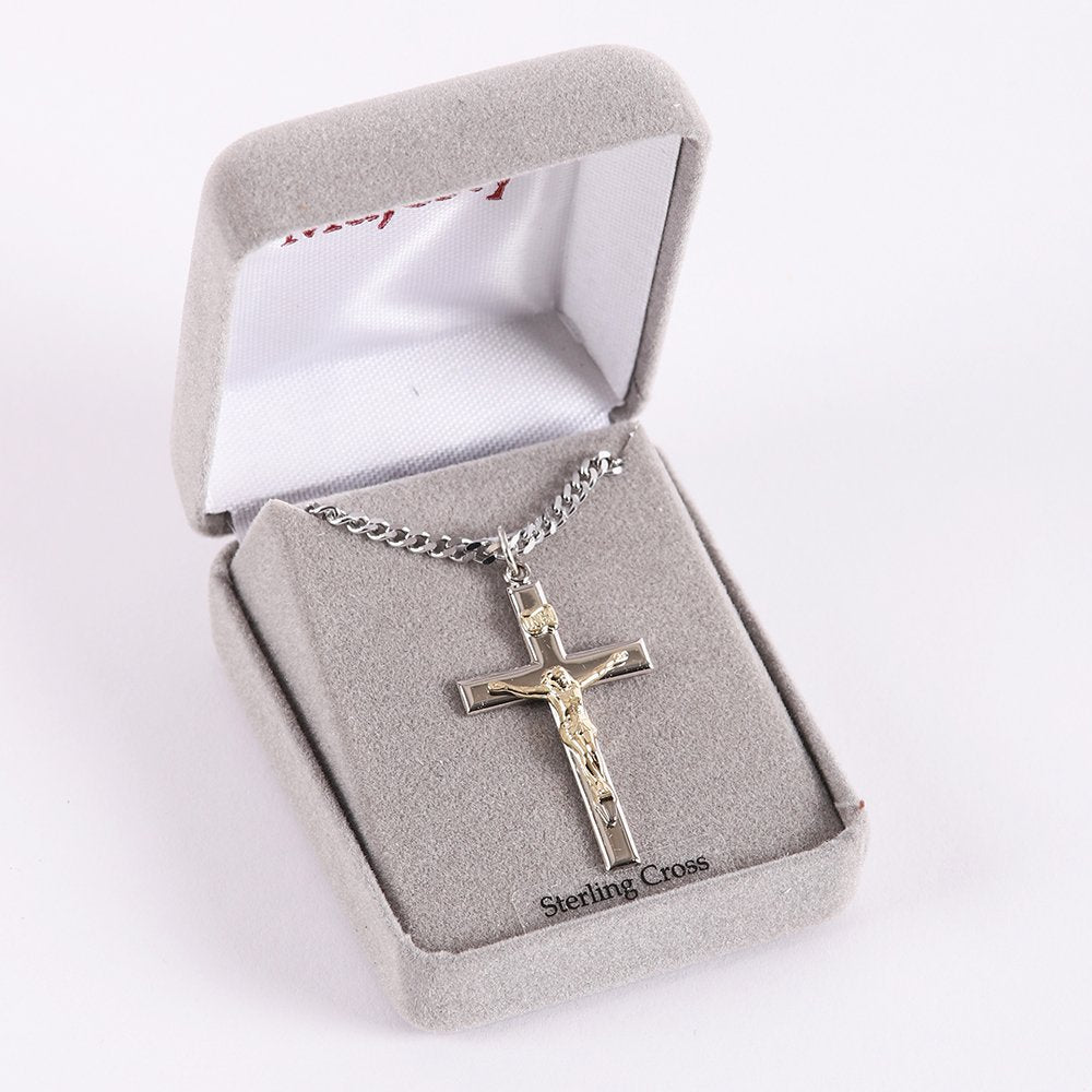 NECKLACE CRUCIFIX SILVER CROSS WITH INSCRIPTION WITH GOLD CHRIST 24"
