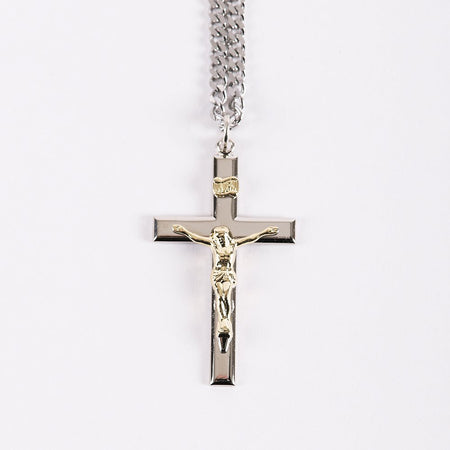 NECKLACE CRUCIFIX SILVER CROSS WITH INSCRIPTION WITH GOLD CHRIST 24"