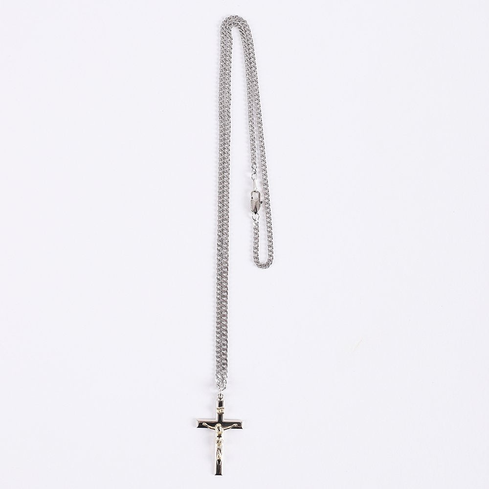 NECKLACE CRUCIFIX SILVER CROSS WITH INSCRIPTION WITH GOLD CHRIST 24"