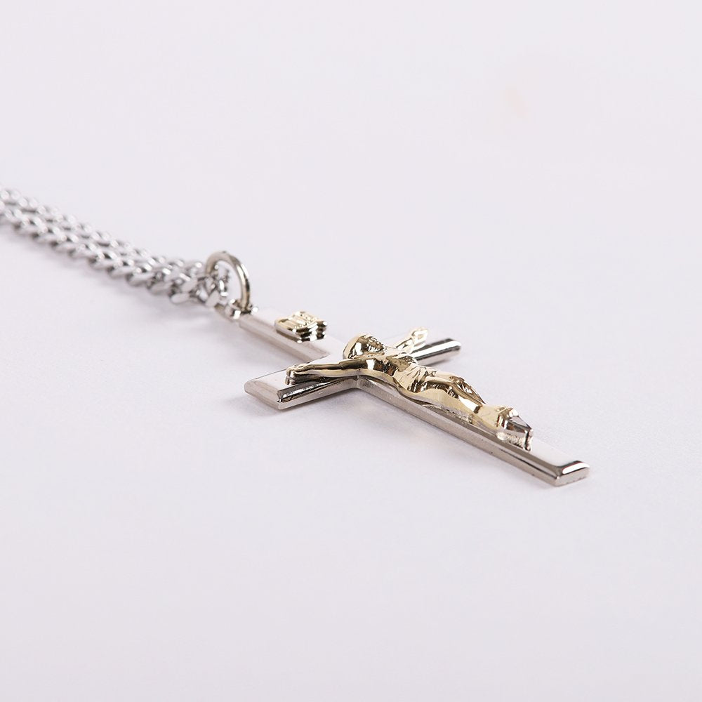 NECKLACE CRUCIFIX SILVER CROSS WITH INSCRIPTION WITH GOLD CHRIST 24"