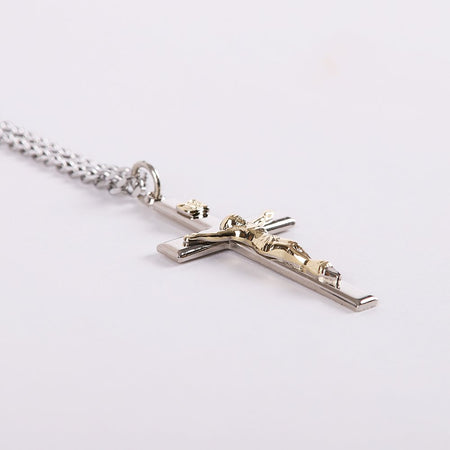 NECKLACE CRUCIFIX SILVER CROSS WITH INSCRIPTION WITH GOLD CHRIST 24"