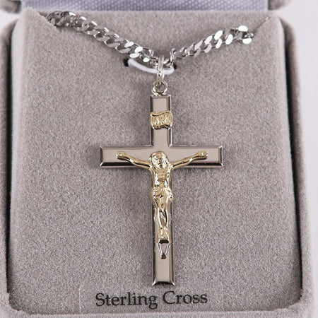 NECKLACE CRUCIFIX SILVER CROSS WITH INSCRIPTION WITH GOLD CHRIST 24"