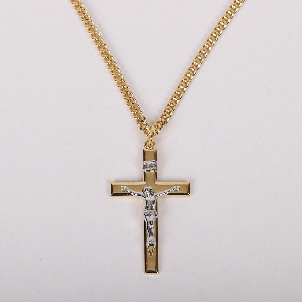 NECKLACE CRUCIFIX GOLD CROSS WITH INSCRIPTION WITH SILVER CHRIST 24"