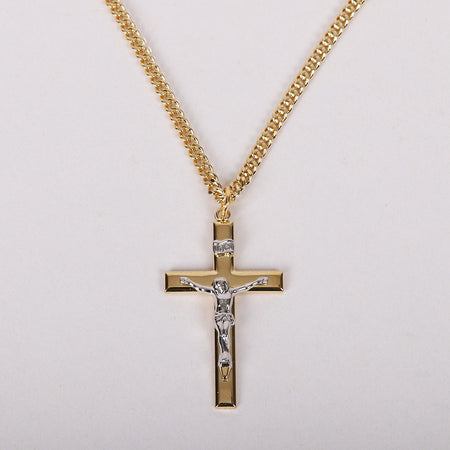 NECKLACE CRUCIFIX GOLD CROSS WITH INSCRIPTION WITH SILVER CHRIST 24"