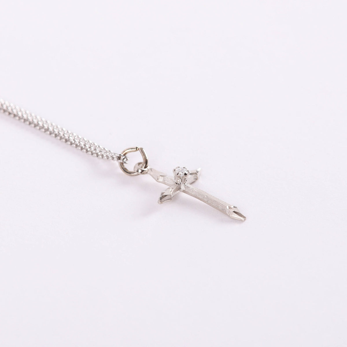 NECKLACE CROSS STONE SS 16-18" PLATINUM PLATED BRASS CHAIN