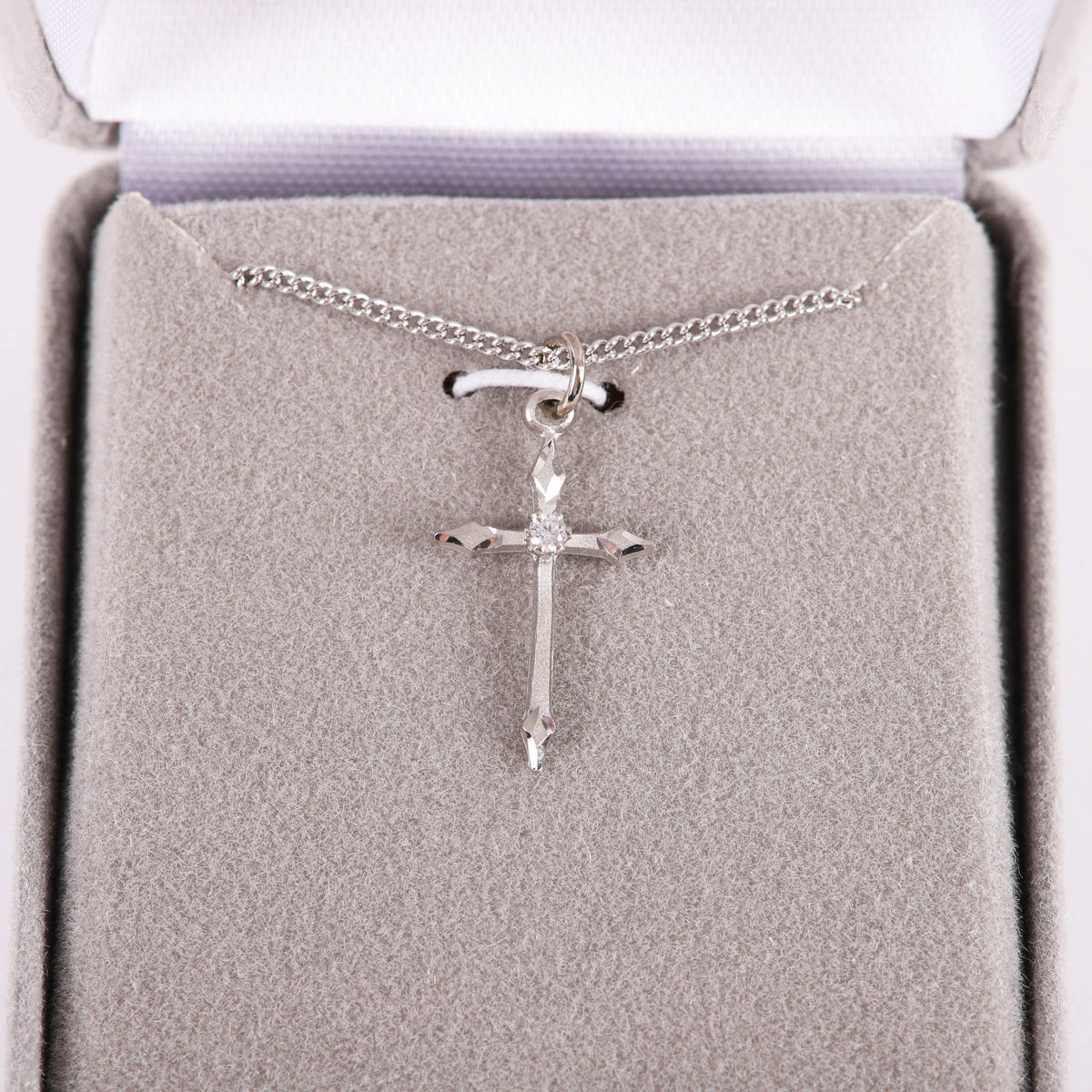 NECKLACE CROSS STONE SS 16-18" PLATINUM PLATED BRASS CHAIN