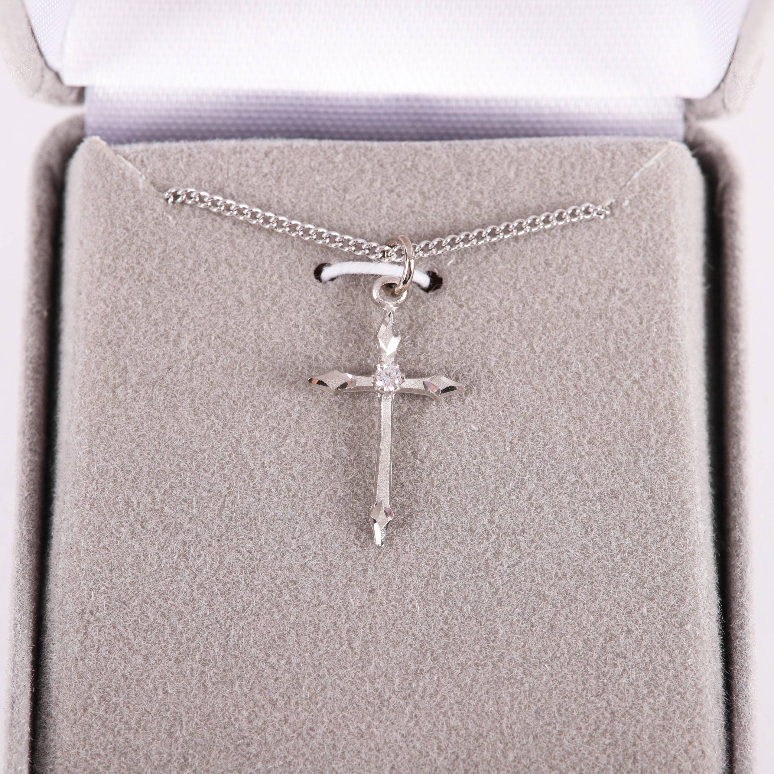 NECKLACE CROSS STONE SS 16-18" PLATINUM PLATED BRASS CHAIN