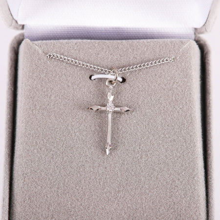 NECKLACE CROSS STONE SS 16-18" PLATINUM PLATED BRASS CHAIN