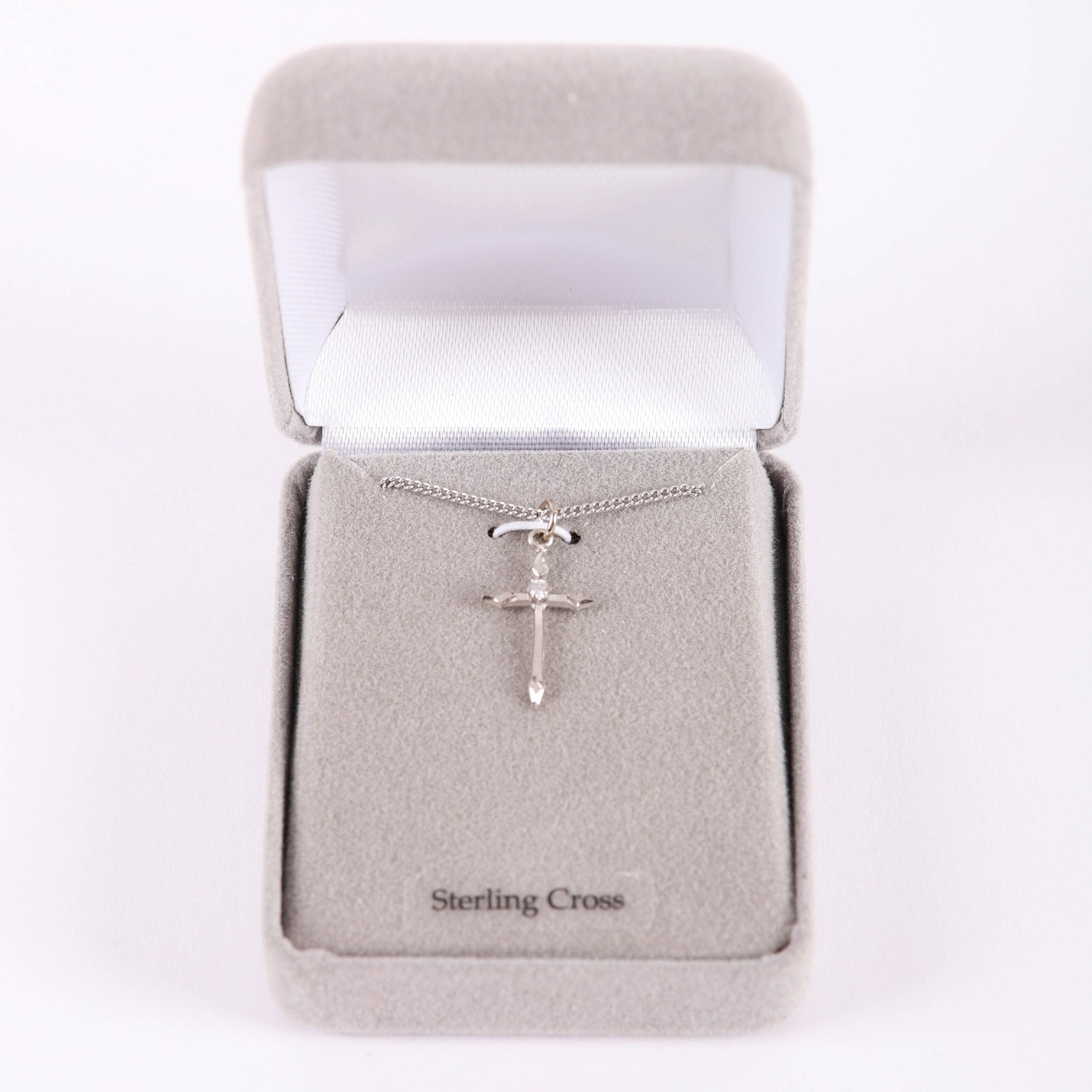 NECKLACE CROSS STONE SS 16-18" PLATINUM PLATED BRASS CHAIN