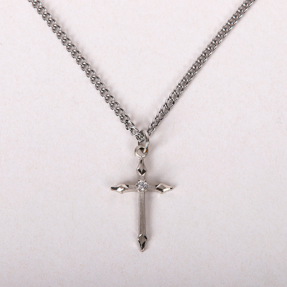 NECKLACE CROSS STONE SS 16-18" PLATINUM PLATED BRASS CHAIN