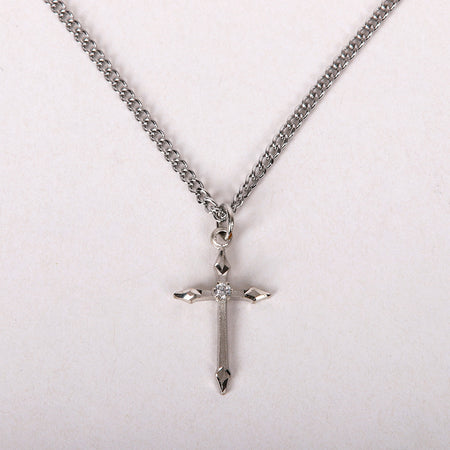 NECKLACE CROSS STONE SS 16-18" PLATINUM PLATED BRASS CHAIN