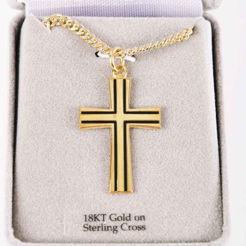 NECKLACE CROSS W/BLACK GOLD OVER SS 24"