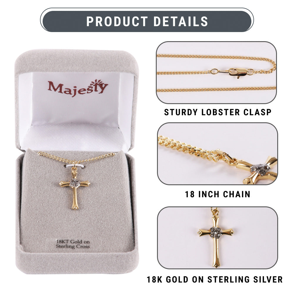 NECKLACE CROSS W/CZ GOLD OVER SS 18"