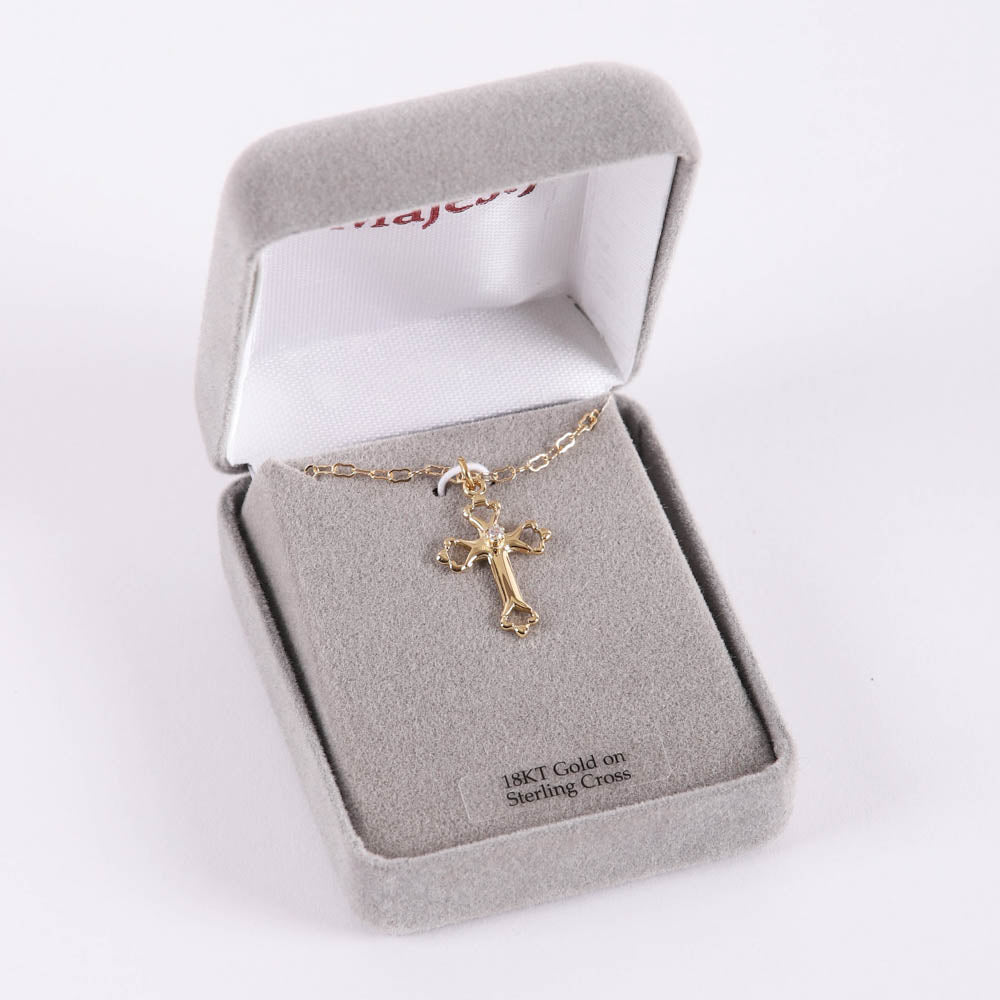 NECKLACE CROSS W/CZ GOLD OVER SS 18"