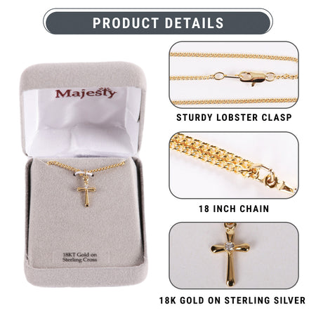 NECKLACE CROSS W/CZ GOLD OVER SS 18"