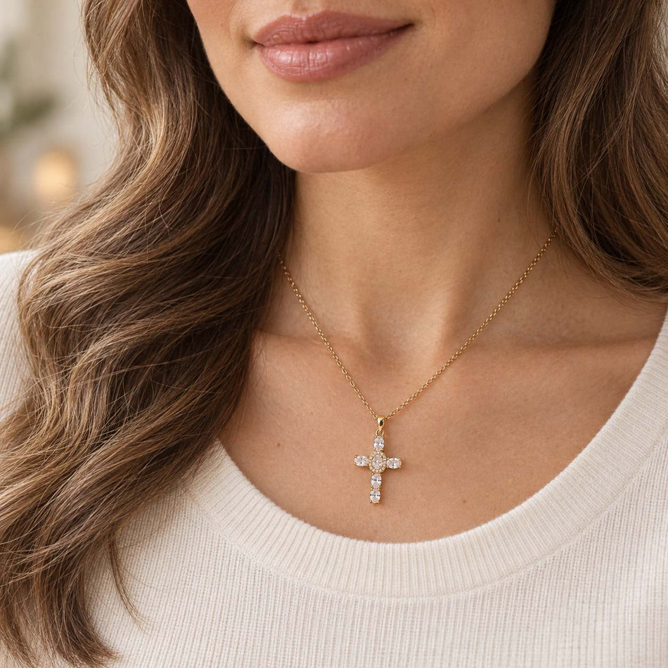Oval-Cut Gemstone Cross Necklace - Gold Finish - 16–19" by Swanson Christian Products, product view 2