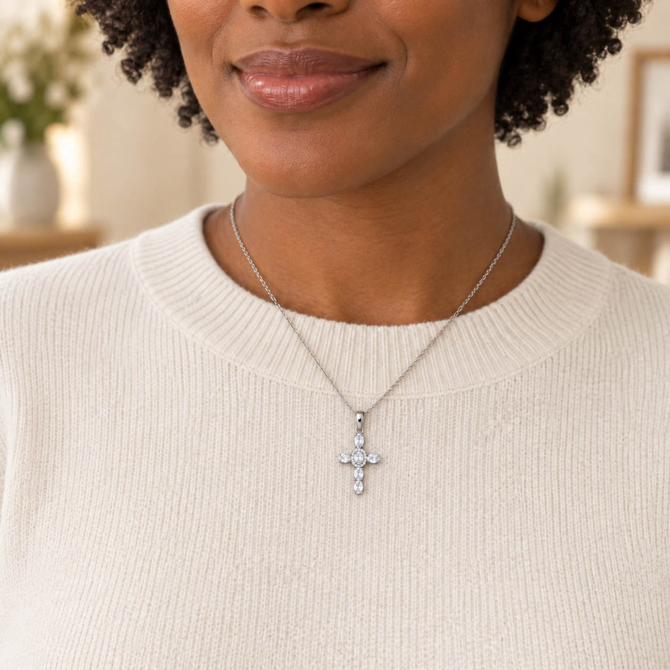Oval-Cut Gemstone Cross Necklace - Silver Finish - 16–19" by Swanson Christian Products, product view 2