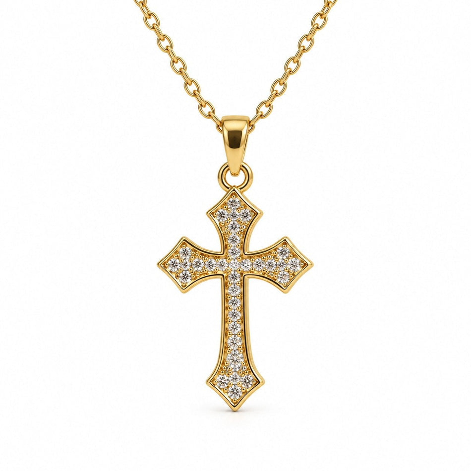 Flared Gemstone Cross Necklace - Gold Finish - 16–19" by Swanson Christian Products, product view 2