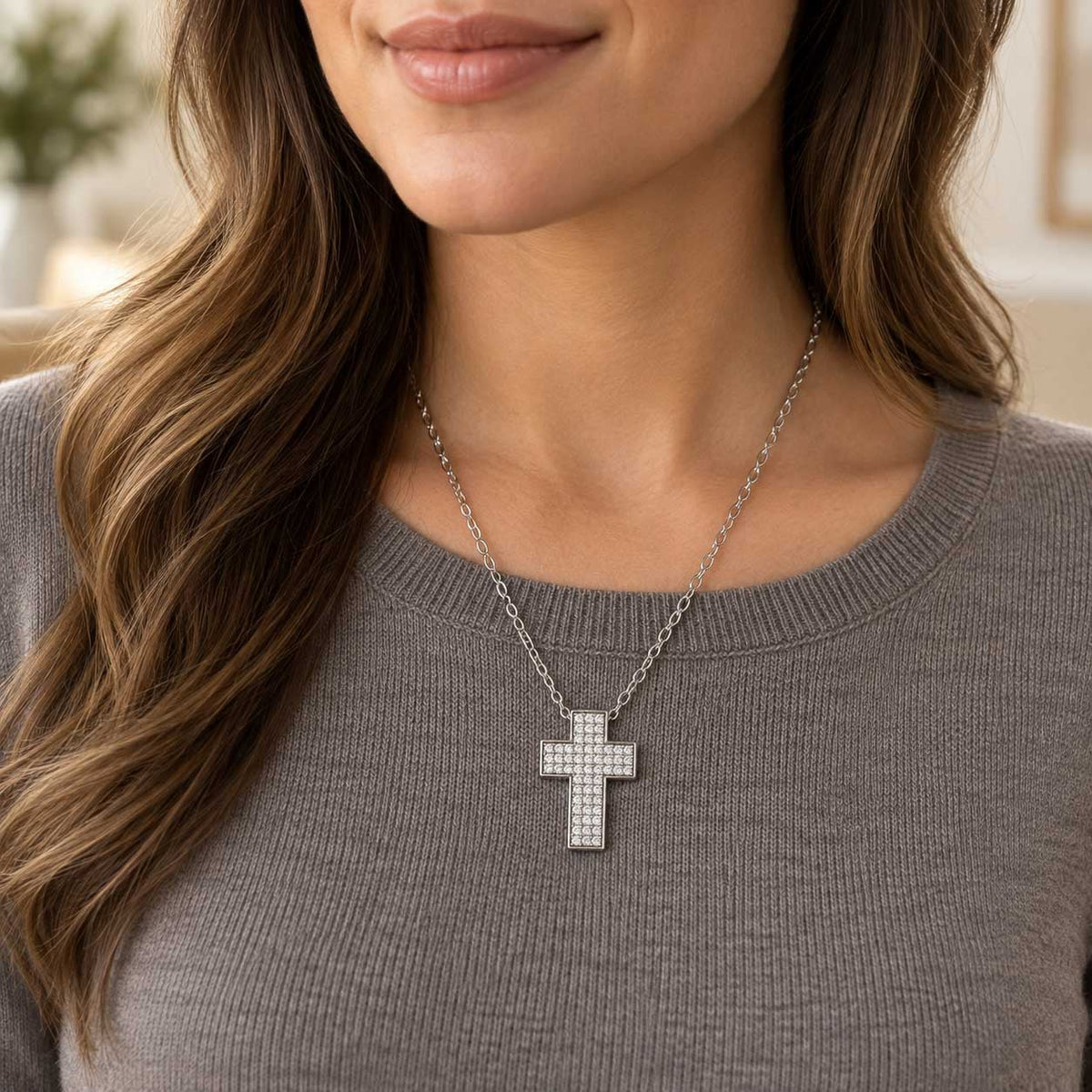 Wide Gemstone Cross Necklace - Silver Finish - 16–19" by Swanson Christian Products, product view 3