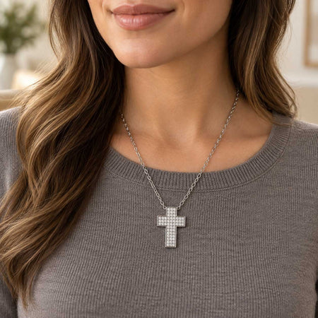 Wide Gemstone Cross Necklace - Silver Finish - 16–19" by Swanson Christian Products, product view 3