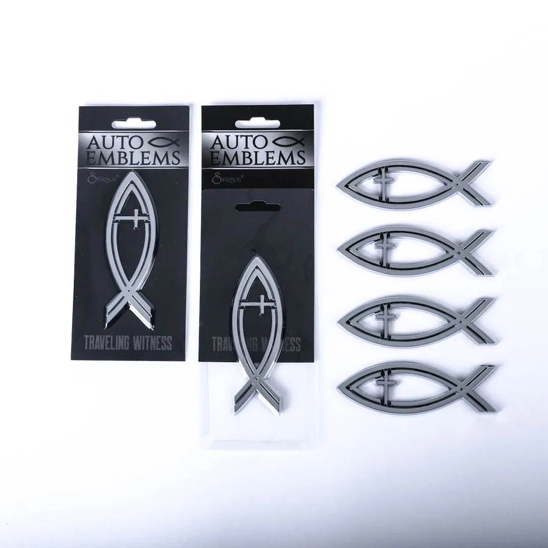 AUTO EMBLEM FISH CROSS SILVER PK6