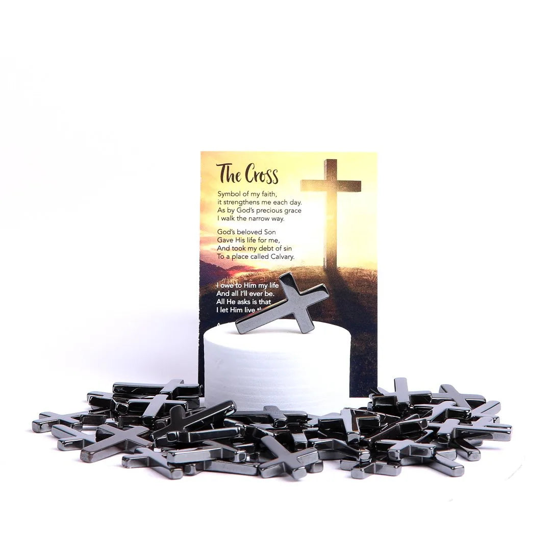HEMATITE POCKET CROSS W/ CARD PK50